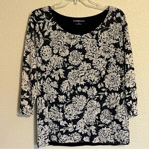 Croft & Barrow Women’s L Black w/ Cream Floral Print 3/4 Sleeve Top
